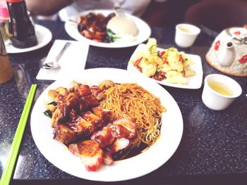 High angle view of meal served on table