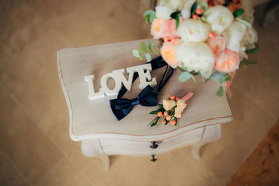 High angle view of flower vase on table