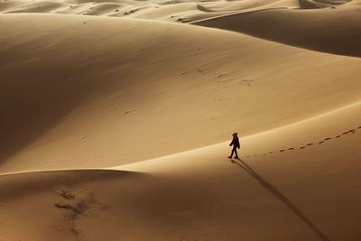 High angle view of person walking on sand dune