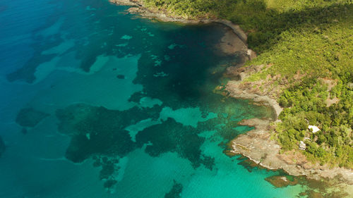 Aerial view turquoise water in the lagoon and coral reef. palawan, philippines. 