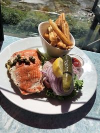 High angle view of food served on table