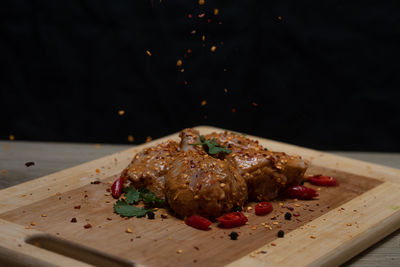 Close-up of food served on table