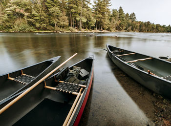 High angle view of boats moored in lake