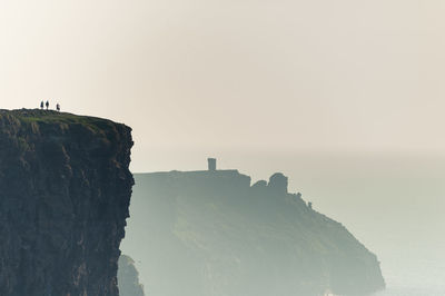 Scenic view of sea by cliff against clear sky