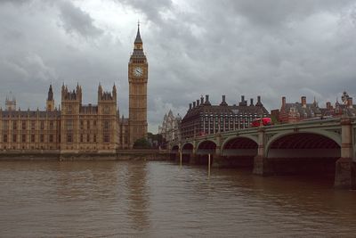 Big ben in front of river thames against cloudy sky