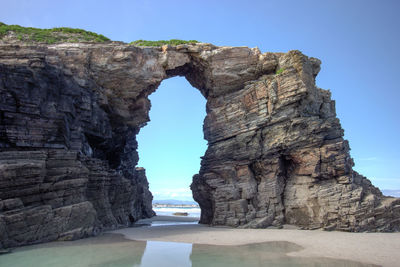 Rock formations on beach against sky