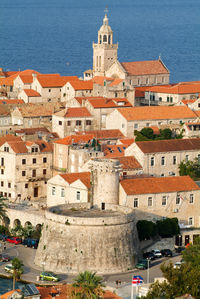 High angle view of buildings in town