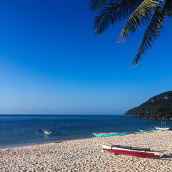 Scenic view of beach against clear blue sky