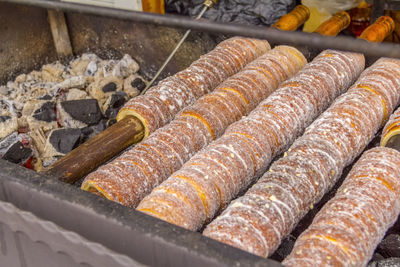 High angle view of meat on barbecue grill