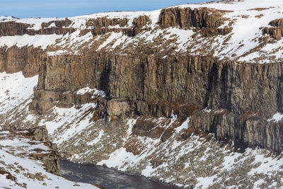 Icicles on rock by snow covered landscape