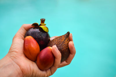 Cropped hand holding fruits against blue background