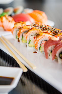 Close-up of sushi served in plate