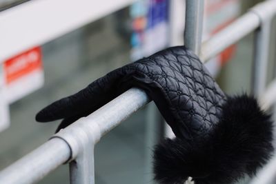 Close-up of black and bicycle on railing