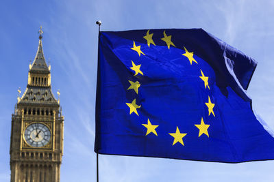 Low angle view of european union flag and big ben against sky