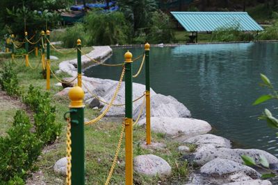 Scenic view of lake by building