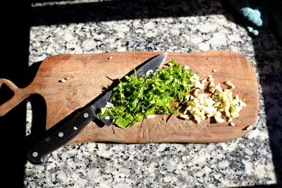 High angle view of chopped vegetables on cutting board