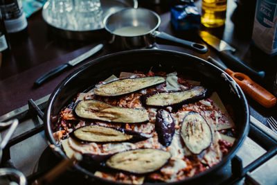 Close-up of food in cooking pan on stove