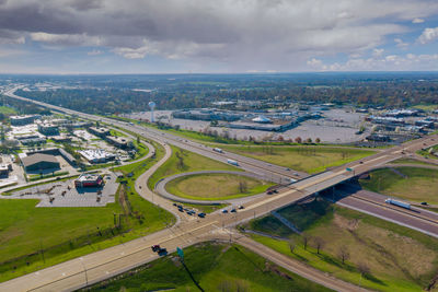 High angle view of airport runway against sky