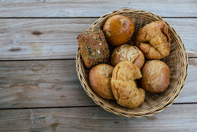 High angle view of bread in basket on table