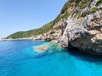 Scenic view of sea against clear blue sky