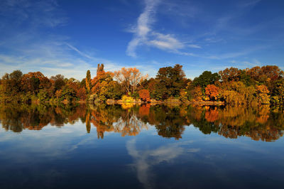 Scenic view of lake by trees against blue sky