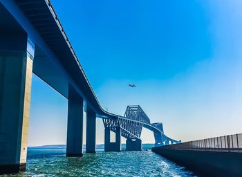 Low angle view of bridge over river against clear blue sky