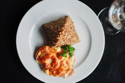 High angle view of breakfast served in plate