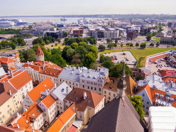 High angle view of buildings in city