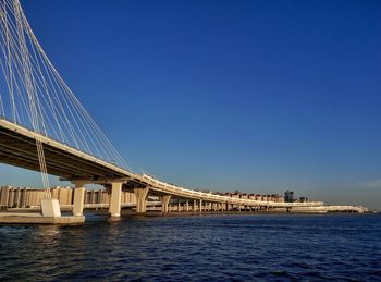 Low angle view of bridge against blue sky