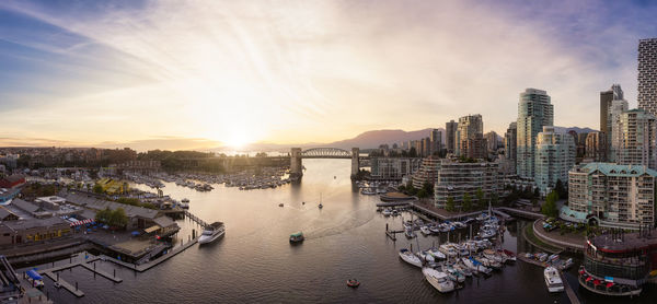 High angle view of buildings against sky during sunset