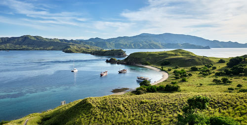 Aerial view of beach and mountain against sky