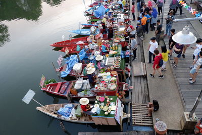 High angle view of people in the river