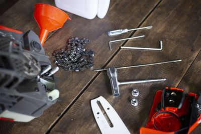 High angle view of work tools on table