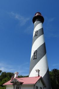 Low angle view of lighthouse by building against sky