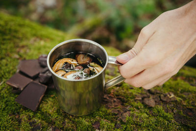 Picnic drink outdoors. healthy herbal tea in the forest with dark chocolate