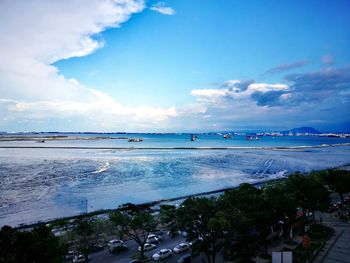 Scenic view of sea against blue sky