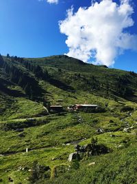 Low angle view of green landscape against sky