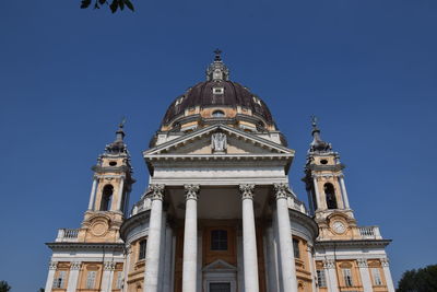 Low angle view of basilica of superga against clear blue sky