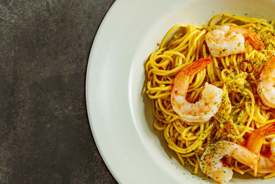 High angle view of noodles in bowl on table