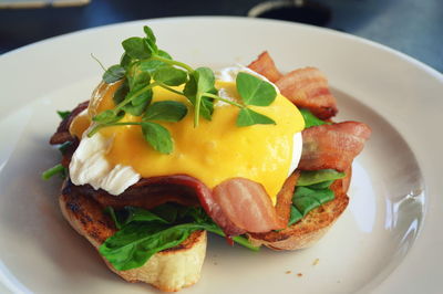 Close-up of breakfast served in plate