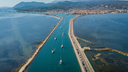 High angle view of highway by sea