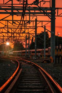 Railroad tracks against sky during sunset