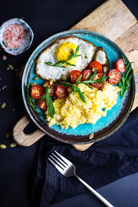 High angle view of breakfast served in plate