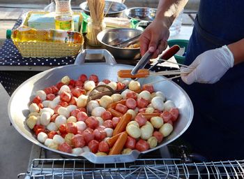 High angle view of person preparing food in kitchen