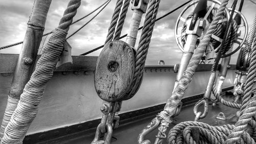 Close-up of rope tied on boat sailing