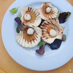 High angle view of fruits in plate on table