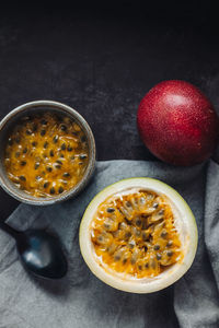 High angle view of fruits in bowl on table