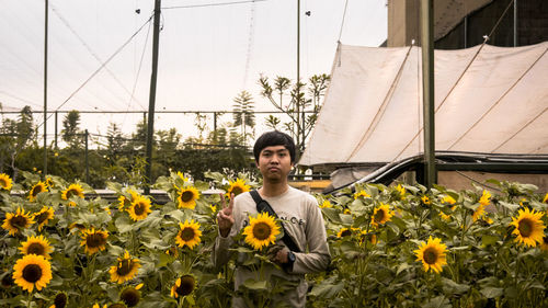 Portrait of young man standing on yellow flowering plants