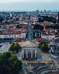 High angle view of buildings in city