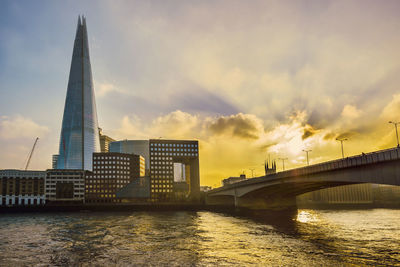 Bridge over river at sunset